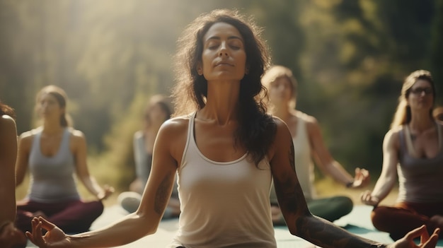 Persone che fanno meditazione di gruppo nello studio di yoga Esercizio di respirazione Mindfulness