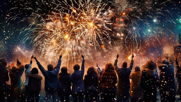 Persone che festeggiano il Capodanno con fuochi d'artificio sullo sfondo Generative ai