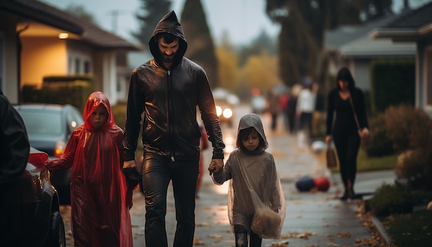 Persone che festeggiano l'Halloween nella famiglia del quartiere