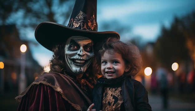 Persone che festeggiano l'Halloween nella famiglia del quartiere