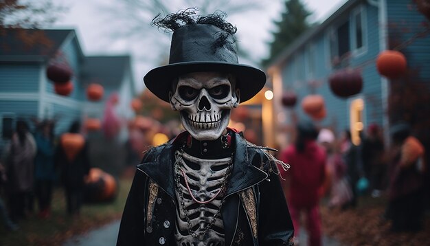 Persone che festeggiano l'Halloween nella famiglia del quartiere