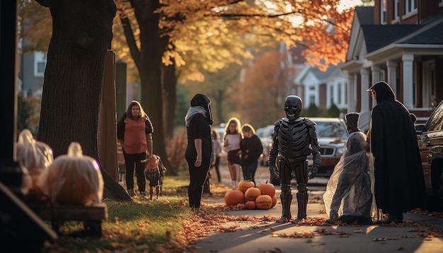 Persone che festeggiano l'Halloween nella famiglia del quartiere