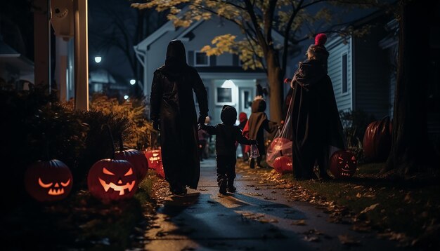 Persone che festeggiano l'Halloween nella famiglia del quartiere