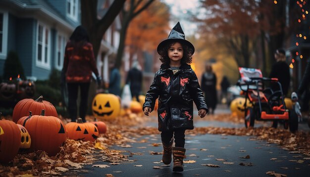 Persone che festeggiano l'Halloween nella famiglia del quartiere