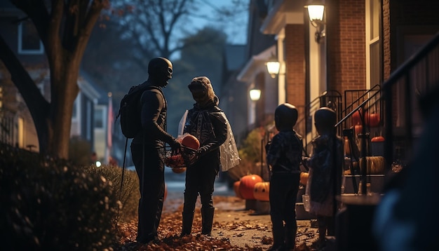 Persone che festeggiano l'Halloween nella famiglia del quartiere