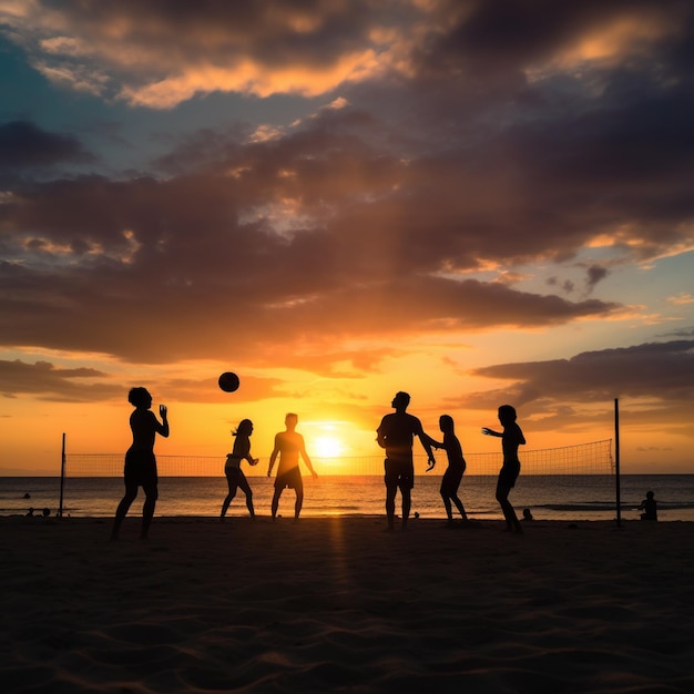 Persone che giocano a calcio su una spiaggia con il sole che tramonta dietro di loro.