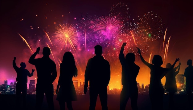 Persone che guardano i fuochi d'artificio con una città sullo sfondo