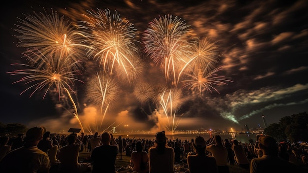 Persone che guardano uno spettacolo pirotecnico di notte