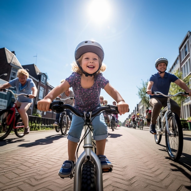 Persone che guidano una bicicletta ciclisti ciclisti felici