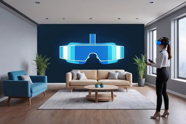 persone che indossano cuffie VR per progettare a mano da una stanza vuota a mobili costruiti mostrano in hologramma blu