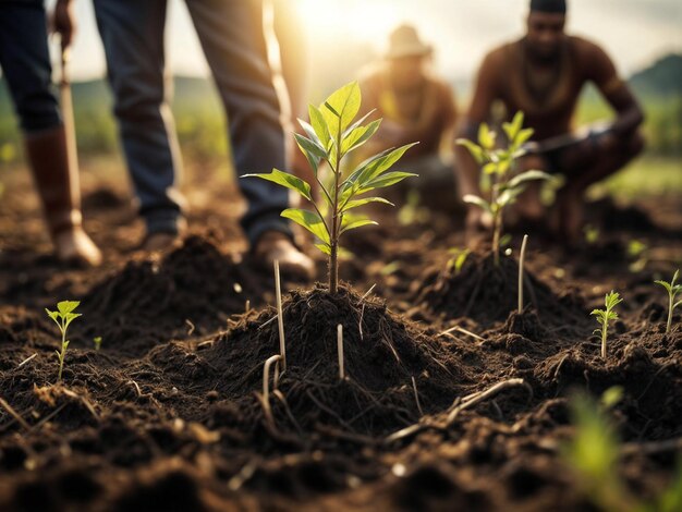 Persone che indossano guanti da giardinaggio piantano giovani piantine di alberi in terreno appena scavato