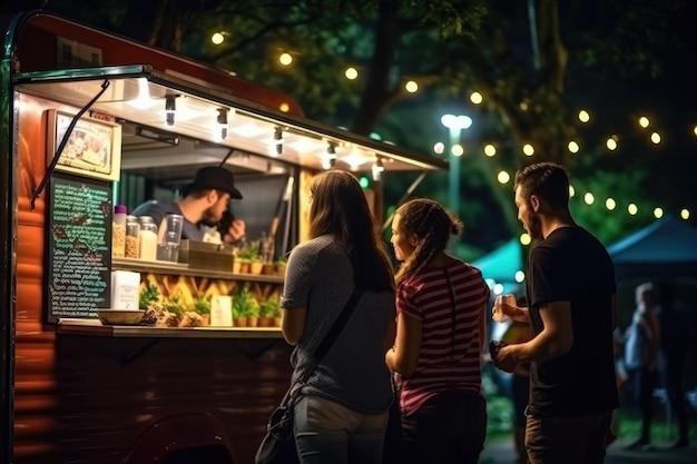 persone che ordinano cibo al bancone in un camion di cibo all'aperto di notte