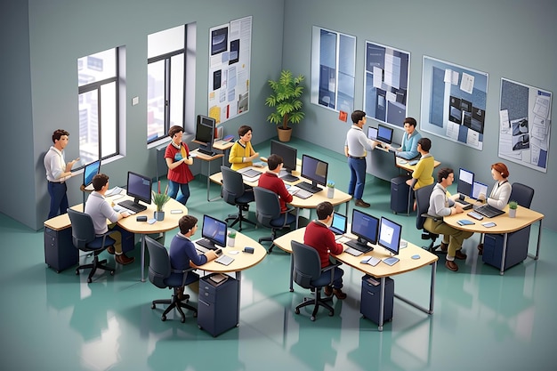 Persone che parlano e lavorano ai computer in ufficio Personale attorno al tavolo che lavora con laptop tablet Sala riunioni in ufficio 3d isom