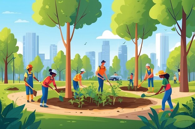 Persone che piantano alberi in un parco cittadino, una fattoria e un parco ecologico, una squadra di volontari, adulti felici.