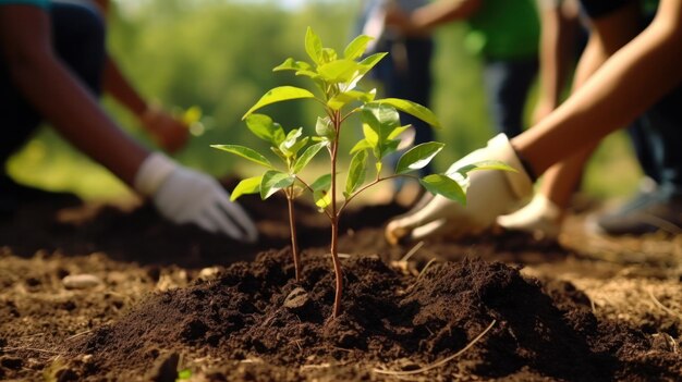 Persone che piantano un albero nel terreno