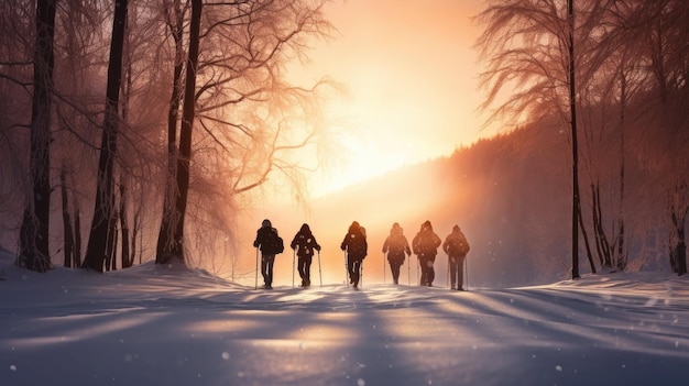 Persone che praticano lo sport di passeggiata nordica nella foresta durante la stagione invernale Sentiero con persone attive nella neve