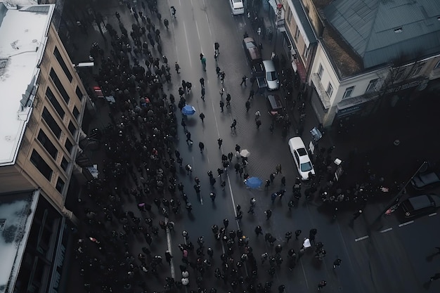 Persone che protestano affollano la strada della città IA generativa