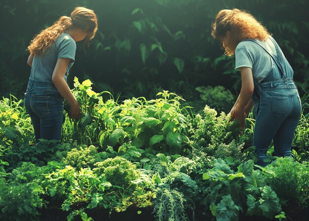 Persone che raccolgono erbe o verdure in giardino