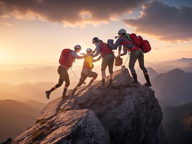 Persone che si aiutano a vicenda su un momento di montagna dell'alba Avventura che si assume rischi e lavoro di squadra