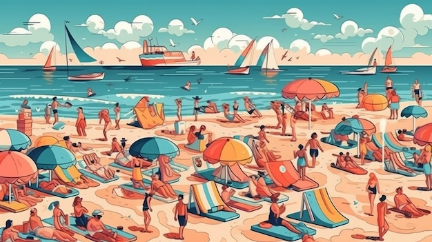 Persone che si godono le vacanze estive in spiaggia IA generativa