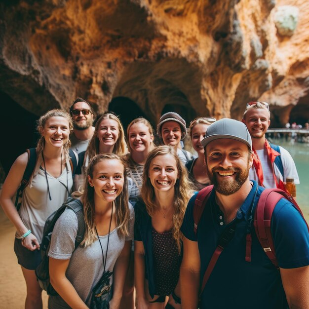 Persone che sorridono davanti alla grotta di Benagil in Portogallo