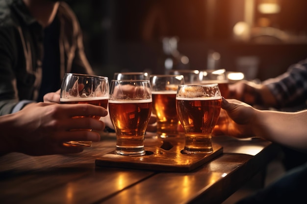 Persone che tostano bicchieri di birra in un bar