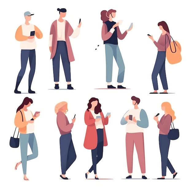 Persone che usano telefoni cellulari set Personaggi con smartphone in mano Uomini donne usano i telefoni cellulari surfano su Internet chattando Illustrazioni vettoriali grafiche piatte