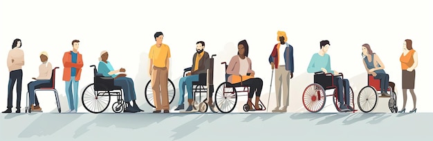 persone con disabilità e una illustrazione vettoriale in sedia a rotelle nello stile di palette di colori terrestri