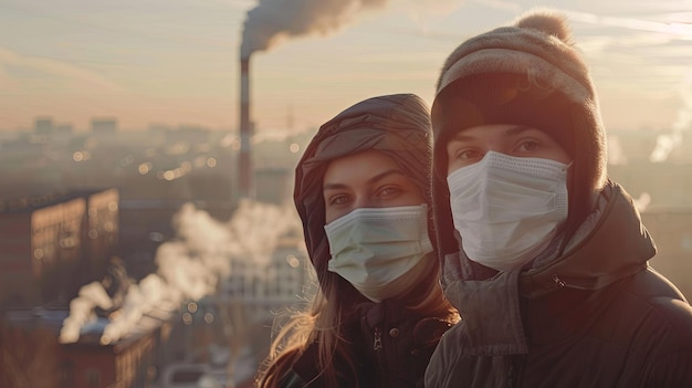 Persone con maschera protettiva Inquinamento atmosferico città smog dal concetto di fabbrica Concept di sfondo