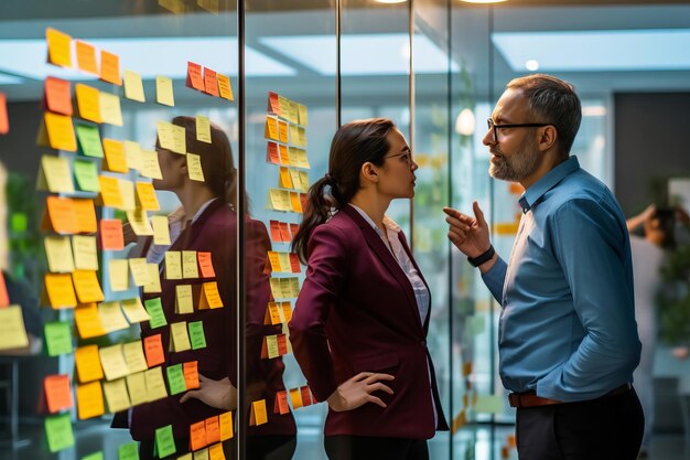 Persone creative che pensano e si incontrano per pianificare orari brainstorming o strategia di squadra in ufficio Uomo e donna in lavoro di squadra decisione per compiti di progetto o note adesive idee in startup