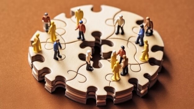 Persone d'affari in miniatura che collegano molti puzzle vista dall'alto concetto di lavoro di squadra generativa AI immagine weber