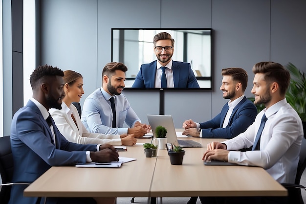 Persone d'affari in videoconferenza con la squadra nella sala riunioni Concetto di teleconferenza