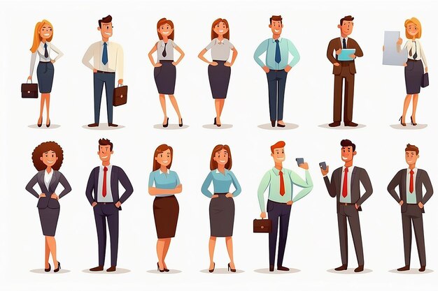 Persone d'affari personaggi al lavoro impostare lavoratori maschi e femmine sul posto di lavoro in ufficio cartone animato vettoriale illustrazioni su uno sfondo bianco