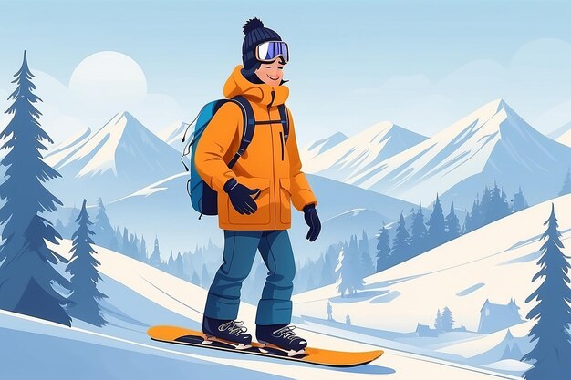 Persone dei cartoni animati che fanno snowboard nella stazione sciistica Uomo felice in piedi con una tavola da snowboard illustrazione vettoriale piatta