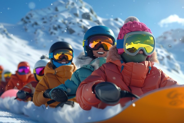 Persone dei cartoni animati in un viaggio di snowboard