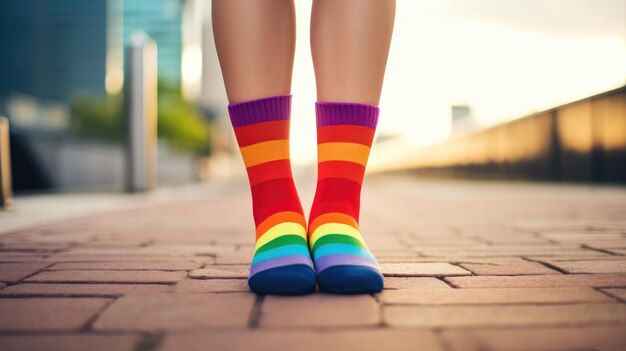 Persone della comunità LGBT Una ragazza con calzini con bandiere arcobaleno multicolori per strada