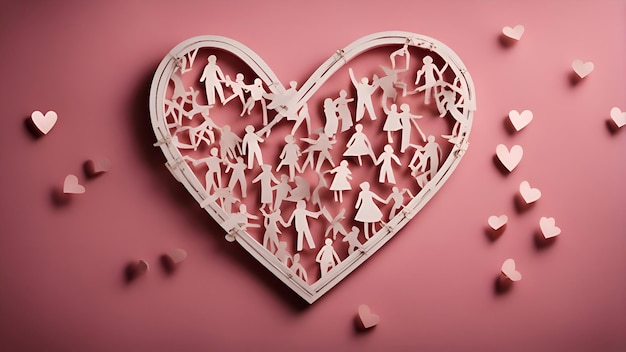 Persone di carta tagliate in carta a forma di cuore su sfondo rosa