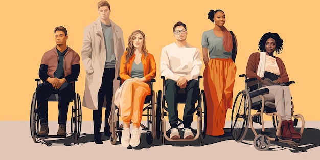 persone disabili in sedia a rotelle con amici e familiari nello stile di un illustratore minimalista