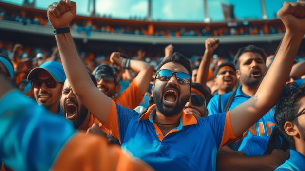 Persone emozionate, tifosi di cricket che assistono alla partita, che guardano e che incoraggiano la squadra preferita.