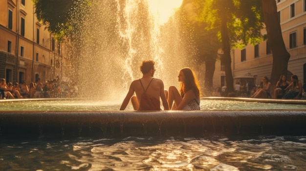persone fare il bagno nella fontana della città soleggiata giornata luminosa calore Illustrazione AI Generative