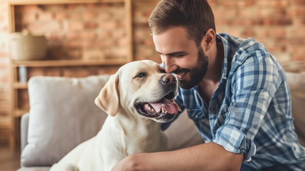 persone felici a casa con l'animale domestico preferito amore e amicizia pragma