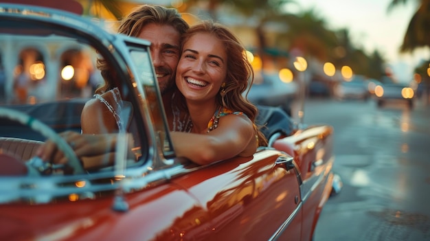 persone felici che viaggiano in auto d'epoca classica coppia durante la luna di miele