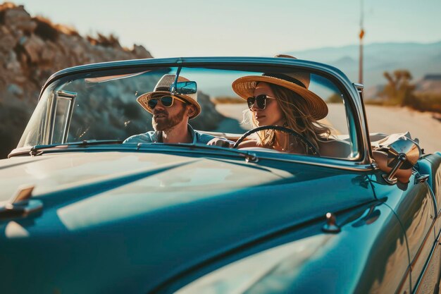 persone felici che viaggiano in auto d'epoca classiche