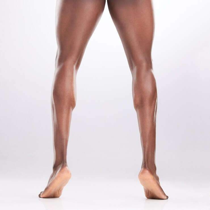 Foto persone gambe e muscoli in studio con vitelli per l'allenamento progresso obiettivi di esercizio e fitness bodybuilder atleta muscolare e flessione delle cosce per un corpo sano e target di palestra su sfondo bianco