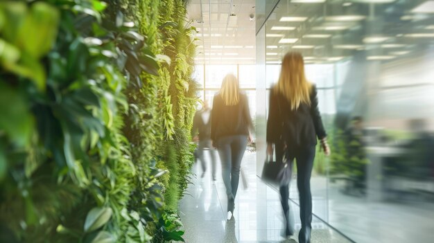 Persone generative di IA che camminano su spazi di ufficio verdi concetto di ambiente con effetto di sfocamento del movimento