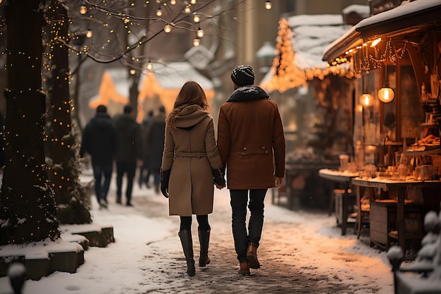 persone in abiti da inverno che camminano lungo il mercato di Natale con luci dorate