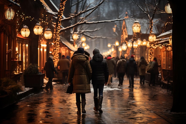 persone in abiti da inverno che camminano lungo il mercato di Natale con luci dorate