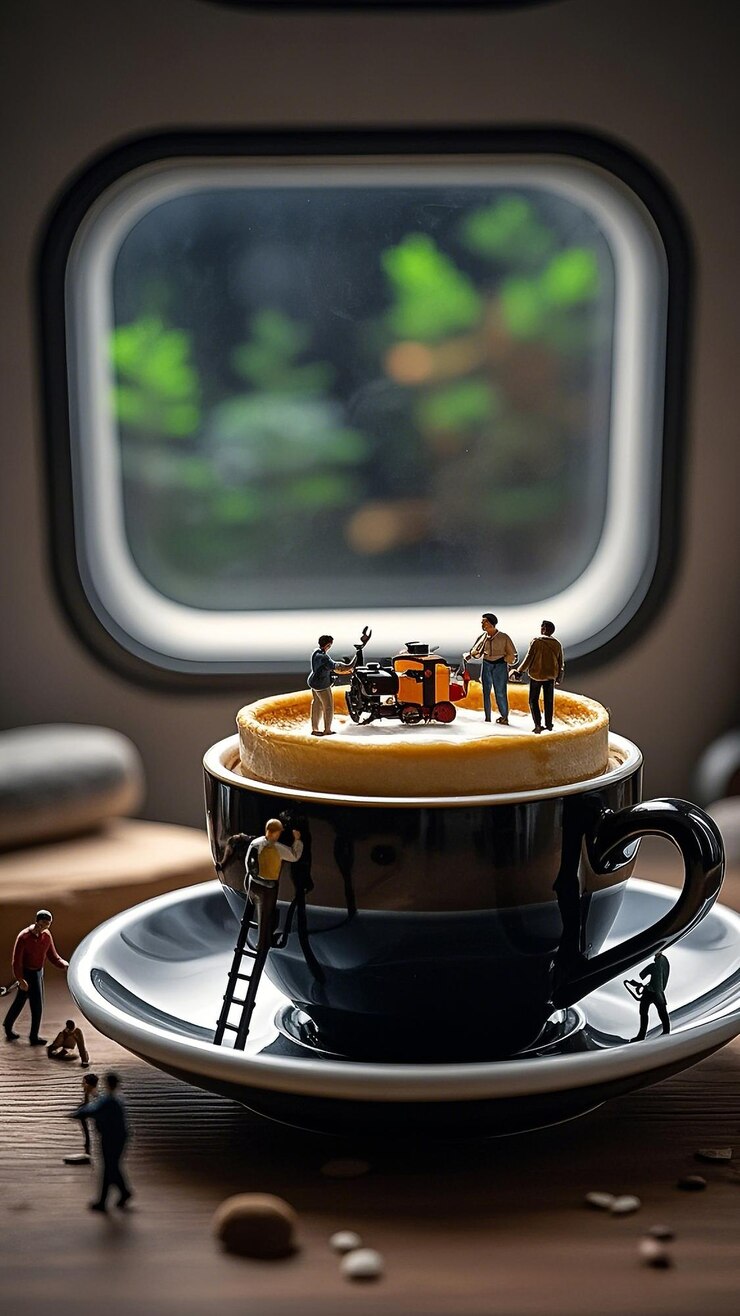 Persone in miniatura che lavorano su una tazza di caffè
