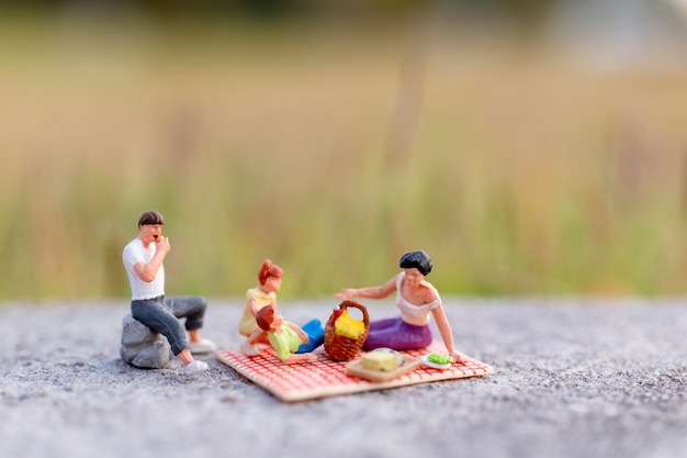 Persone in miniatura: famiglia felice seduto sul tappeto durante un picnic in un parco