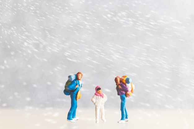 Persone in miniatura Famiglia felice Viaggio in inverno